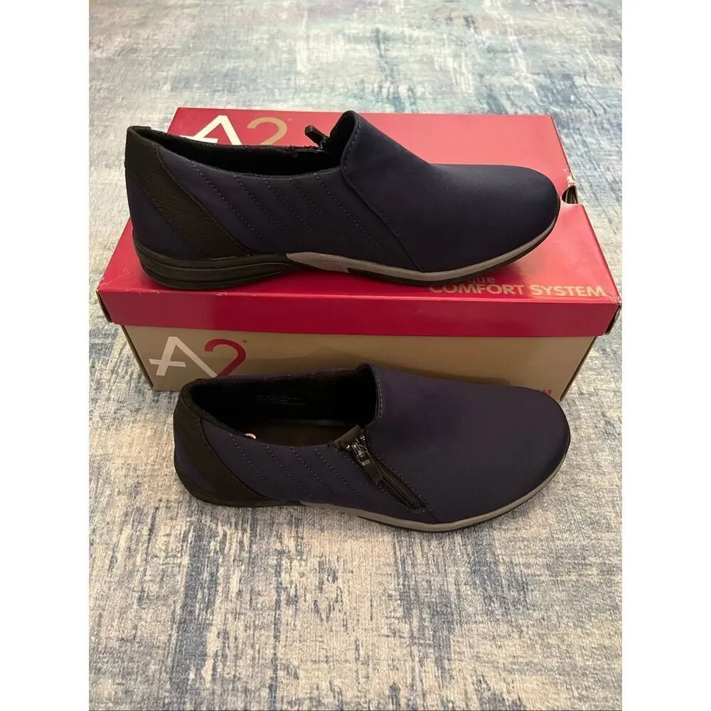 NIB A2 by Aerosoles Navy Blue Fabric Envelope Side Zip Slip On Shoes 7 Wide